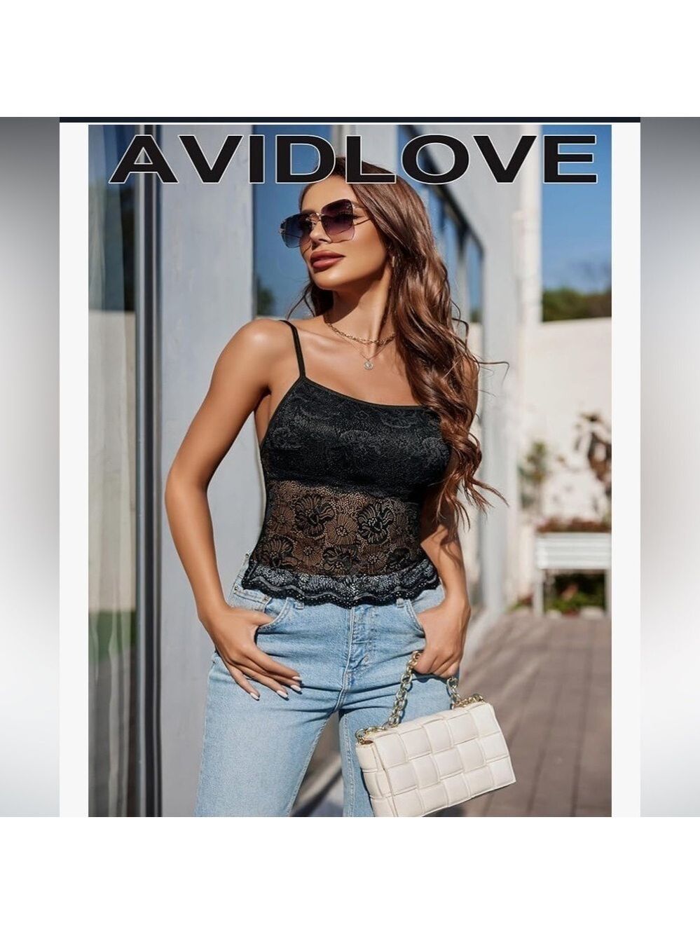 Avidlove Tank Top Lace Crop Butterfly Bustier Adjustable Spaghetti Straps Black